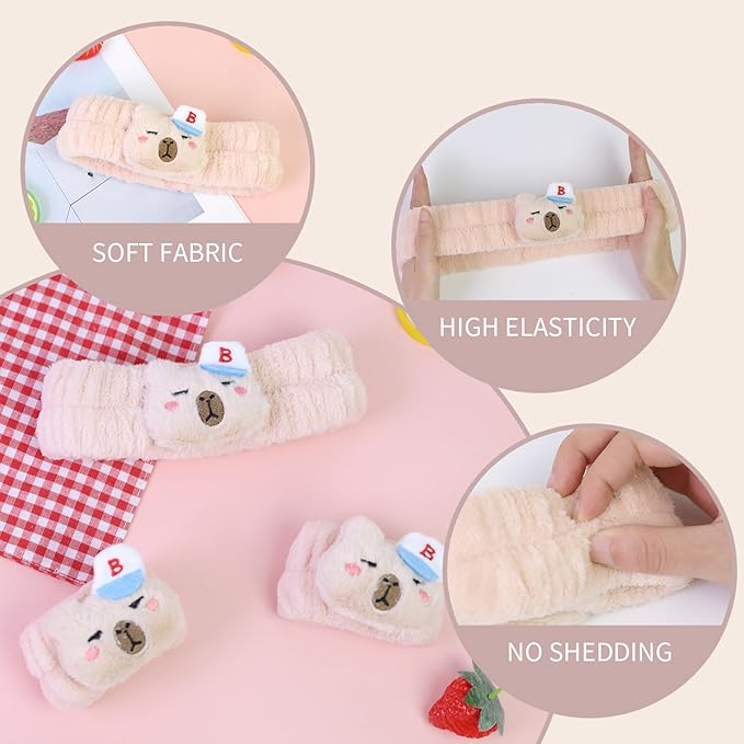 Kawaii Spa Headband and Wristband Set for Women Girls, Cute Halloween Skincare Headbands for Face Washing, Fluffy Makeup Headband for Washing Face Bath Shower and Beauty, Beige Capybara