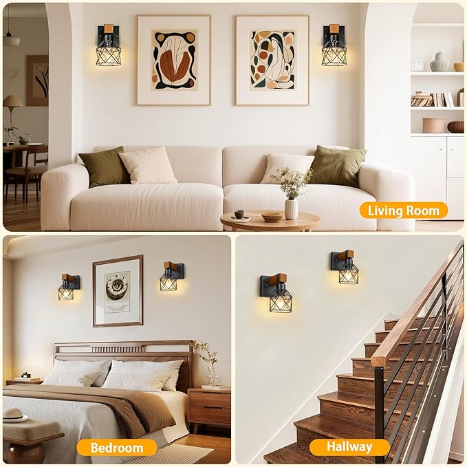 Wall Sconces Set of Two, Farmhouse 1-Light Matte Black Vanity Lights for Bathroom, Rustic Wooden Bedside Hardwired Wall Mounted Lamp with Metal Cage for Hallway, Living Room, Mirror, Kitchen