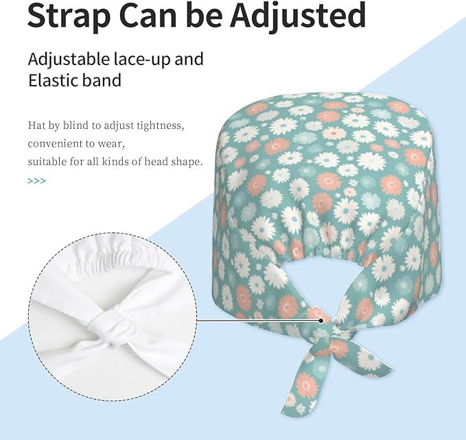 Scrub Cap for Women and Men Boho Black Leaf Pattern Adjustable Breathable Sweatband Hat for Work Kitchen Spa Shower Daily Use
