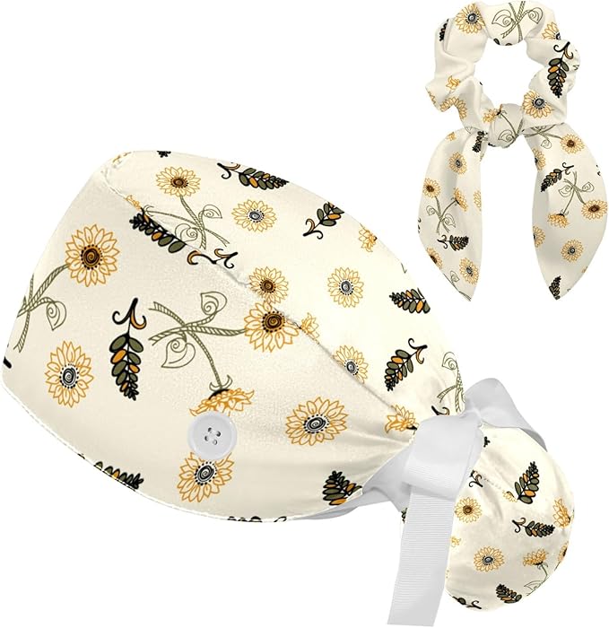 Women Working Cap with Buttons Bouffant Hat Autumn Leaves Nurse Scrub Caps Long Hair