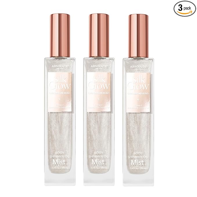 Absolute New York - Silk Glow Shimmer Mist Glow, Radiant, Shimmer Body & Face & Hair, Shea Butter, Coconut Oil, Vitamin E (SBGS01 White Plantinum Mist (Set of 3), 3.4 fl oz)