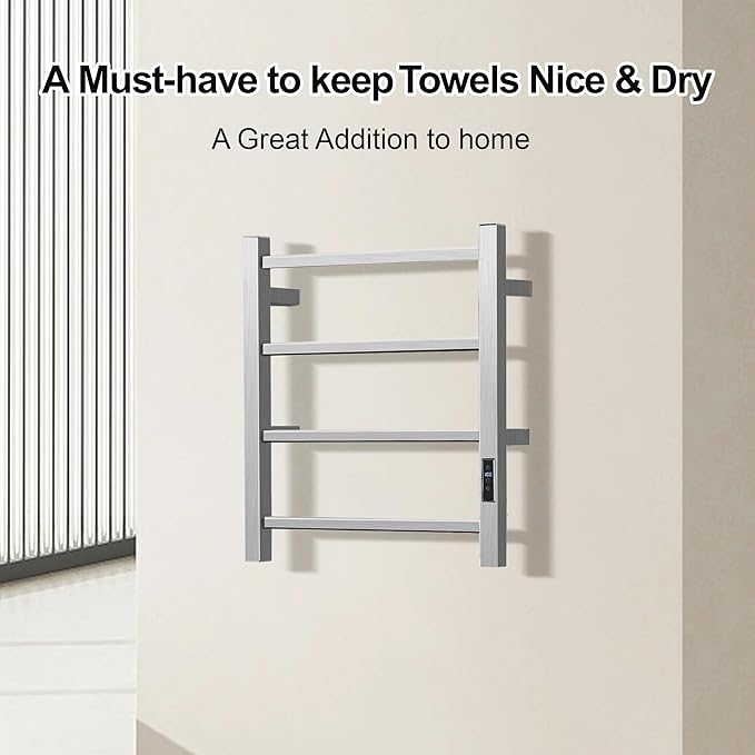HARNDY Electric Towel Rack with Voice Control for Alexa & Google Home,TUYA - Wall-Mounted Bathroom Heating Towel Warmer,Plug-in,Stainless Steel Material (Square Brushed with Timer, 4 Bar)