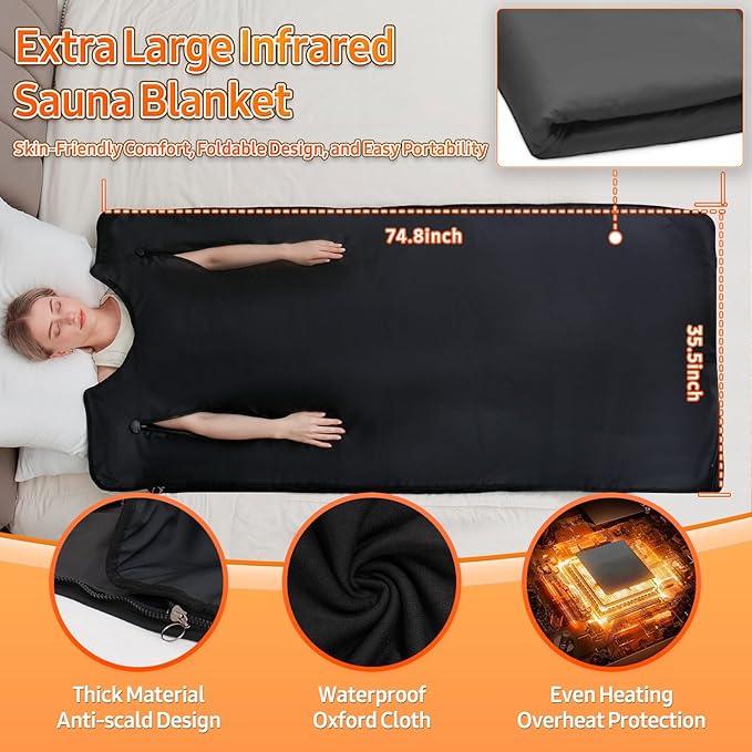 Infrared Sauna Blanket for Home: Extra Large Portable Sauna Blanket withFull Body Detox Wrap & Deep Heat Relaxation - Adjustable 86-176°F Far Infrared Therapy 20-60 Min Timer 74.8 x 35.5Inch