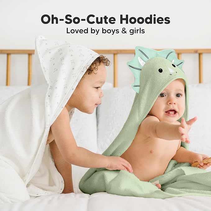 KeaBabies Hooded Baby Towel for Newborn - Viscose Derived from Bamboo Large Baby Bath Towels with Hood for Boys, Girls, Toddler, Extra Absorbent & Soft Newborn Bath Essentials (Triceratops, Regular)