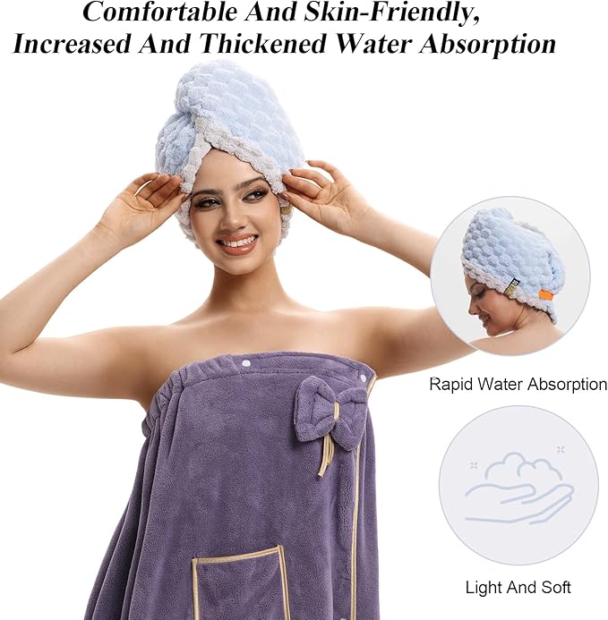 Hair Drying Towels, 19.7x31.5 inch Hair Towels with Elastic Strap, Extra Large Hair Towel Wrap for Women, Super Soft Hair Drying Towels for Long, Thick, Curly Hair, Anti-Frizz Turbans, Blue Color.
