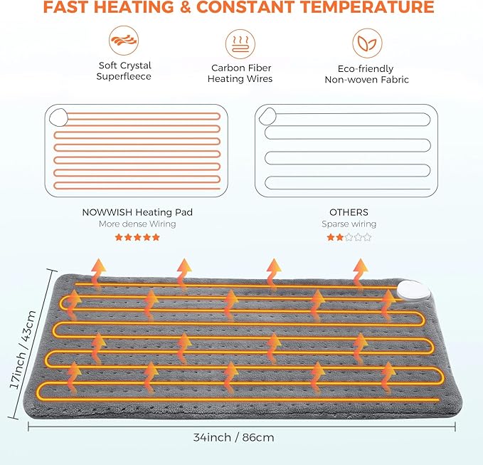 NOWWISH Heating Pad for Back Pain Relief & Period Cramps, 33x17 Inches Large Electric Heating Pad with 10 Heat Settings, Timer & Auto Shut-Off, Machine Washable, Mothers Day Gifts for Mom Women, Green