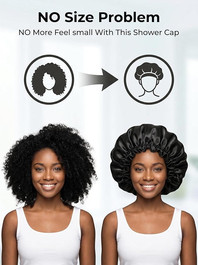 Aquior Shower Caps, Reusable Shower Cap for Women, Double Layer Waterproof Hair Cap, Large Size for All Hair Lengths,for Girls Spa Home Salon Use (Black)