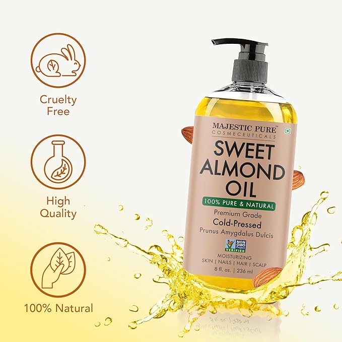Majestic Pure Oil - 100% Pure and Natural- Cold Pressed & Hexane Free Natural Hair Growth Oil for Eyelashes, Eyebrows, Skin, Body, Face, Nails & Scalp - Sweet Almond Oil 8 Fl Oz