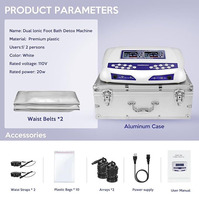 Veicomtech Dual Ionic Foot Bath Detox Machine, 2 in 1 Foot Detox Machine, Detox Foot Bath with LCD Display, Ionic Foot Spa for Two with Heating Belt and Wristband