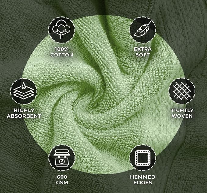 Avalon Towels Green Bath Towels Set of 4 pcs (27x54 inches), 100% Cotton Towel Absorbent and Quick Dry Green Bath Towels for Bathroom, Super Soft and Perfect for Daily Use