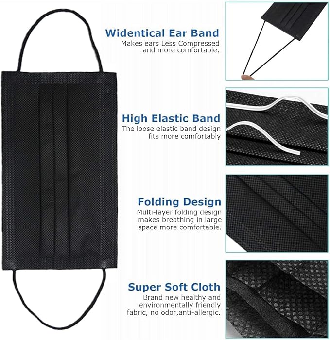 500Pcs Black Medical Disposable Face Mask(5 Boxes, 100pcs/Box) 3-Ply Protection