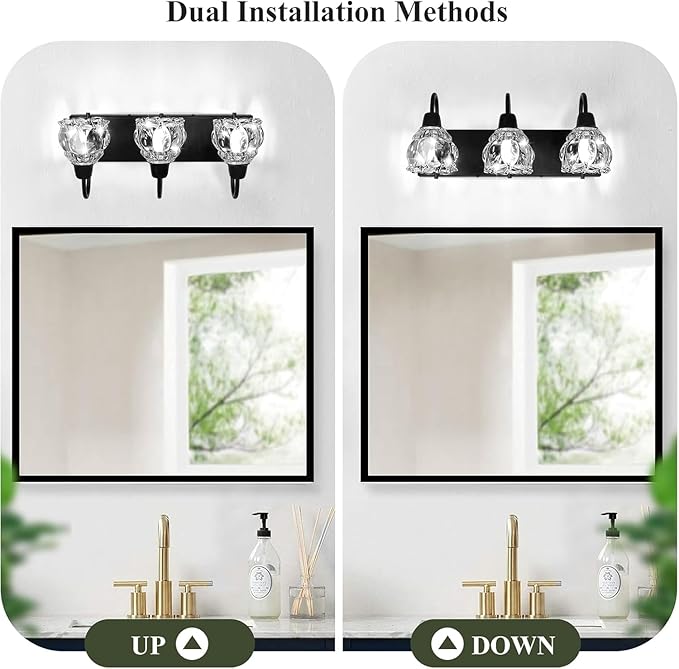 3-Light Bathroom Light Fixtures, Black Modern Bathroom Vanity Lights with Flower Glass Shade, Bathroom Wall Lamp for Mirror Bedroom Kitchen Living Room Hallway Cabinet Porch, E12 Bulbs Needed