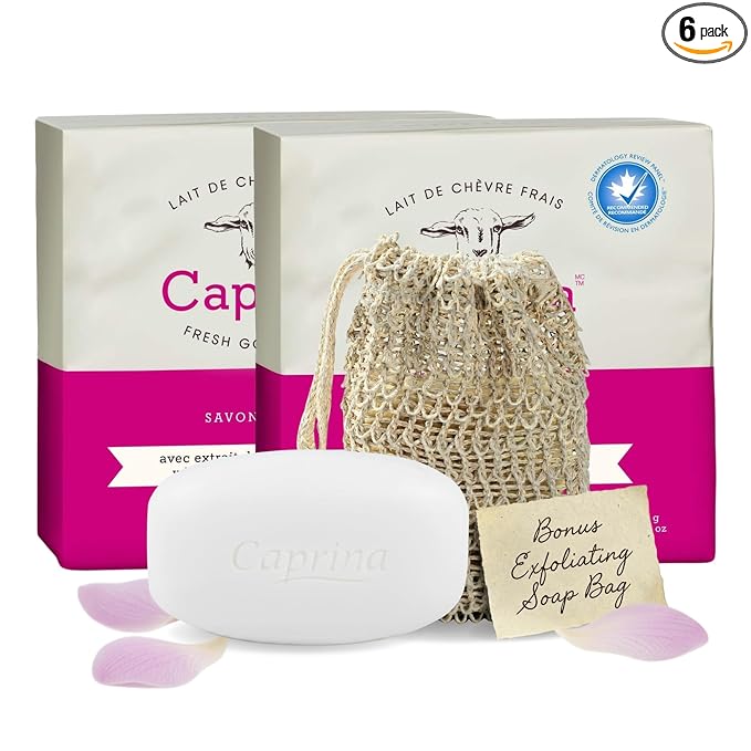 Caprina Fresh Goat Milk Soap Bar, ORCHID, 3.17 oz Each (6-Pack), Moisturizing & Gentle Cleansing, Includes Exfoliating Mesh Pouch