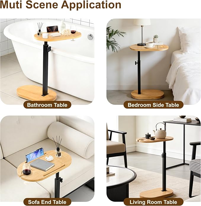 Bamboo Bathtub Side Table, 360° Swivel Height Adjustable Freestanding Bath Caddy Tray Organizer with 5 Storage, Luxury Home Spa Bathroom Essential (Natural)