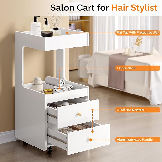 Salon Trolley Cart, Esthetician Cart with 2 Drawer & 2 Trays, 2 Lockable Wheels Hair Styling Station, Tool Organizer Storage Cabinet for Beauty Spa Barbershop, White