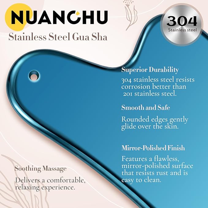 Nuanchu Stainless Steel Gua Sha Facial Tool, Metal Gua Sha for Lymphatic Drainage, Guasha Face Sculpting Double Chin Reduce with Pouch Mother Day Self Care Gift(Blue)