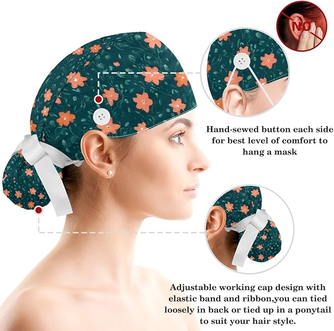 Scrub Caps Women Nursing Hats Floral Flowers with Buttons Ponytail Working Adjustable Pouch Tie Back