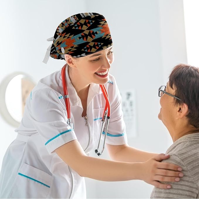 Ethnic Aztec Pattern Adjustable Scrub Cap Hat with Button, Working Hat Sweatband with Bow Hair Scrunchy for Woman
