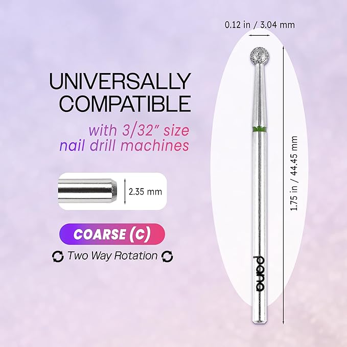 PANA 3/32” Diamond Nail Drill Bit (Coarse Grit) - Professional Cuticle Nail Drill Bits for Acrylic Gel Nails Dry Manicure Pedicure Shape Remove Tools (Ball Bit, Style 04)