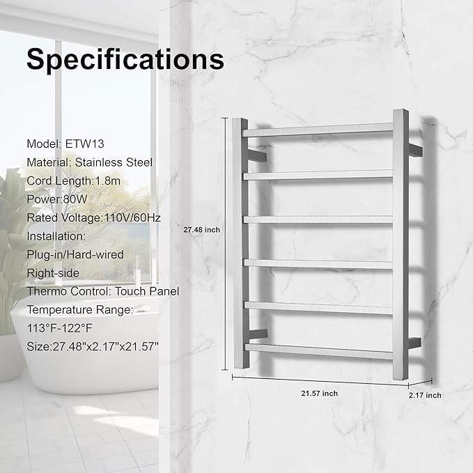 Electric Heated Towel Warmer - Wall Mounted Bathroom Towel Rack, Plug-in Design & Brushed Stainless Steel 6 Bar Brushed with Single Press