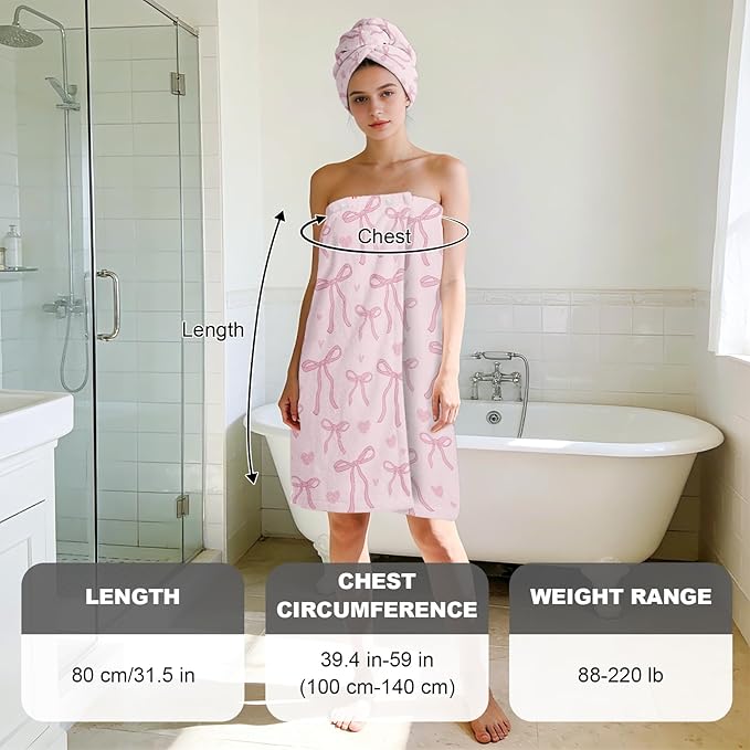 Absorbent Bath Towel Wrap Set for Women, Pink Bowknot Print Towel Wrap After Shower, Microfiber Shower Robe Body Towel Wraps for Women, Quick Dry Hair Towels Wraps for Spa Hotel Beach Girl