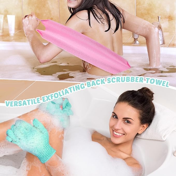 4 Pack Exfoliating Washcloth Back Scrubber Set, 2 Exfoliating Body Scrubber Nylon Back Body Scrub Towel, 2 Pairs Shower Gloves for Women Men Bath Shower Exfoliation(Pink, Light Blue, Green)