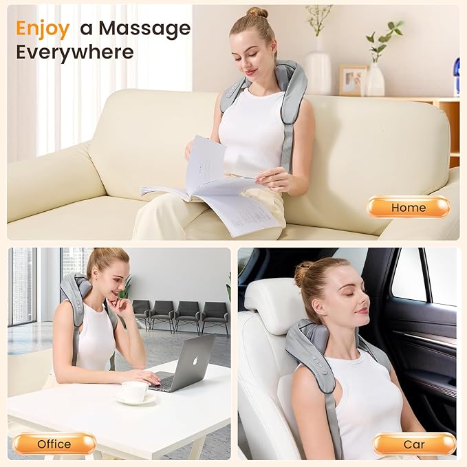 4D Wireless Deep Tissue Kneading Neck Massager with Heating Function, Shiatsu and Shoulder Massager Pillow,Back and Leg Pain Relief, Body Muscle Pain Relief, Perfect Gifts for Men Women. (Grey)