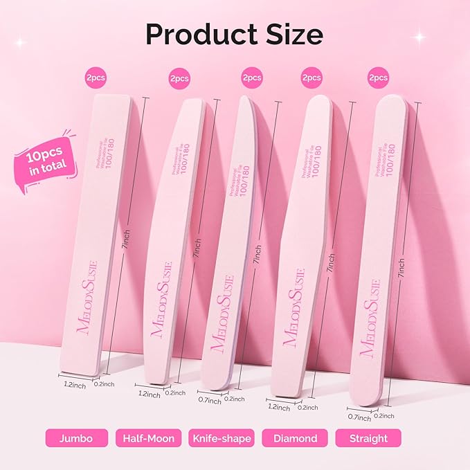MelodySusie Nail File Kit, 10Pcs Double Sided 100/180 Grit Mixed-Shapee Emery Boards for Nails, Professional Manicure Pedicure Supplies for Home and Salon Use, Mothers Day Gifts, Pink