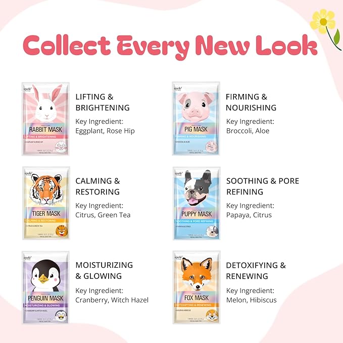 Epielle Character Face Mask Fuzzy Friends 12 Pack, Fun & Effective Korean Skin Care, Spa Party Favors, Mothers Day Gifts, Birthday Gifts for Women, Self Care Gifts