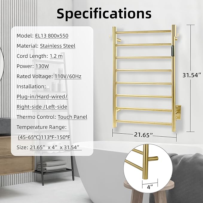 P&Dlusir Towel Warmer, Heated Towel Rack with Smart Timer and Thermo Control, Wall-Mounted Heated Towel Rail, Stainless Steel, Hard-Wired/Plug-in, Brushed Gold, 8 bar