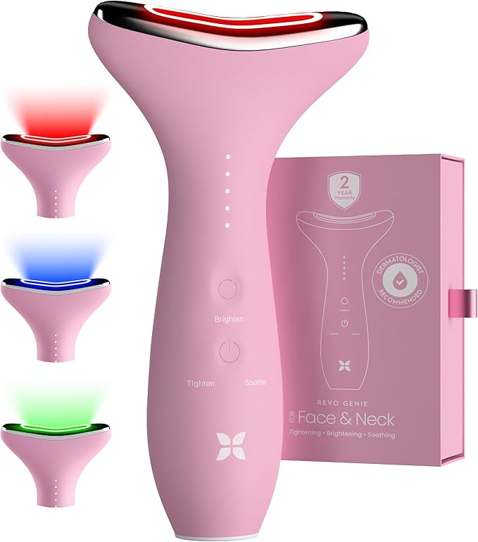 REVO Genie Facial Massager for Face and Neck, LED Face Lift Device with Heat & Vibration, Lymphatic Drainage Depuffing Tool, Red Blue Green Light Therapy for Skin Tightening & Skincare Absorption