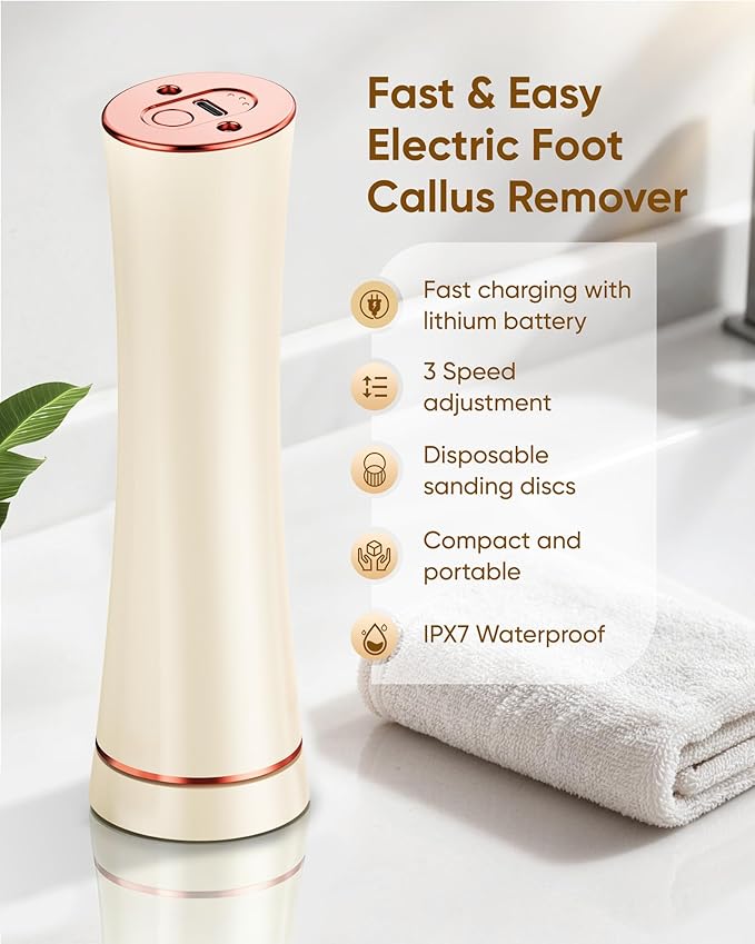 Electric Foot Callus Remover, 3-Speed Rechargeable Cordless Electronic Foot File with Moisturizing Balm, Electric Callus Remover Kit for Dead Skin, Birthday & Mothers Day Gifts for Women Mom, Beige