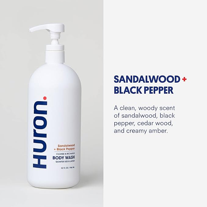 Huron Body Wash for Men and Women, Hydrating Daily Cleanser with Sandalwood + Amber Scent, Moisturizing Shower Gel, non-toxic, Phthalate-Free Clean Ingredients for Men, 30.3 Fl Oz