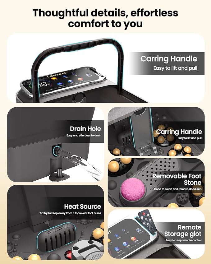 Collapsible Foot Spa with Heat, Electric Foot Bath Massager with Color Touchscreen, 30 Motorized Shiatsu Massage Balls, Temp Control, Bubbles, Remote, Professional Feet Soak Tub for Home