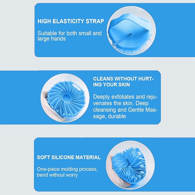 RamPula Silicone Body Scrubber, Silicone Loofah, Quick-Dry Exfoliating Body Brush for Wet or Dry Brushing, More Hygienic Than Traditional Loofah, Medium-Bristle Brush, Blue and Purple