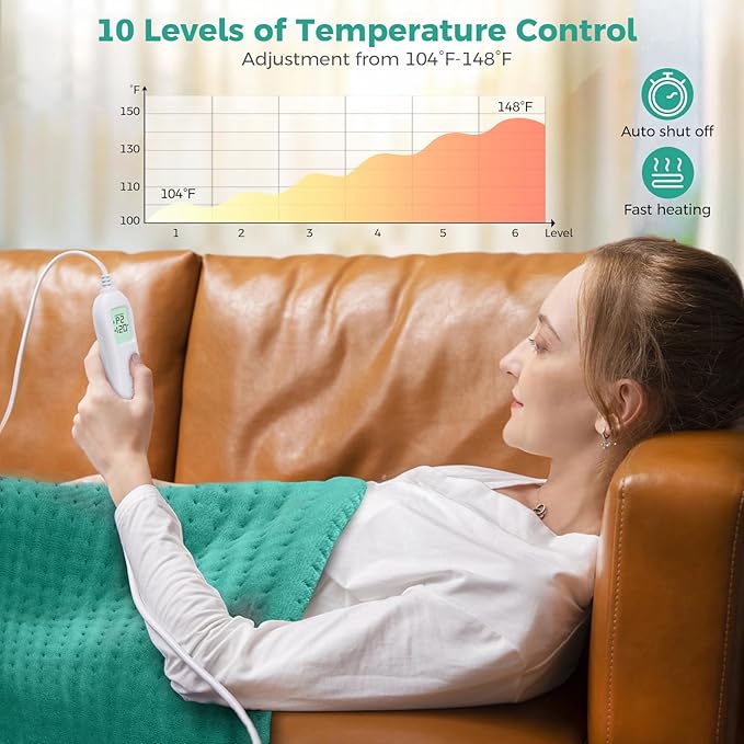 NOWWISH Heating Pad for Back Pain Relief & Period Cramps, 33x17 Inches Large Electric Heating Pad with 10 Heat Settings, Timer & Auto Shut-Off, Machine Washable, Mothers Day Gifts for Mom Women, Green