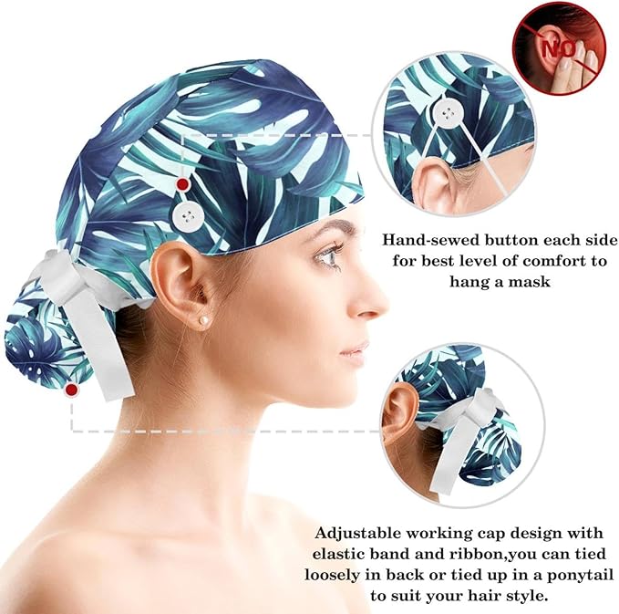 Adjustable Brown Dachshund Dog Blue Surgical Scrub Cap with Button,Sweatband for Women with Bow Hair Scrunchy