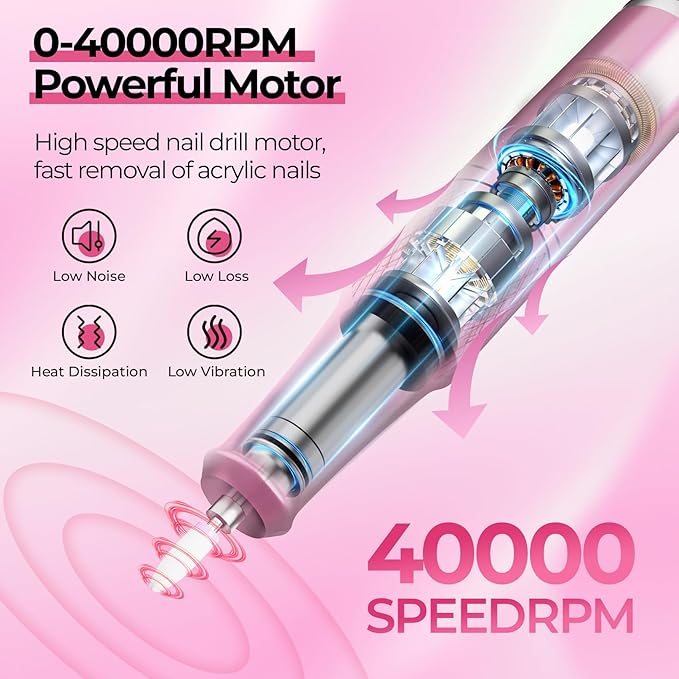 JOSGLOI 40000RPM Electric Nail File Drill Professional Kit, Drill Machine with LCD Display, Manicure Pedicure Polishing Acrylic Gel Nail Grinder for Salon, Home Use