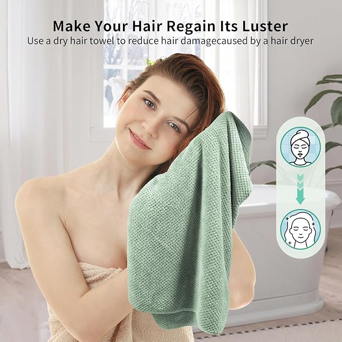 my novel things 2 Pack Extra Large Microfiber Hair Towel Wrap, 37.4" x 26.4" for Women, Super Absorbent & Quick Dry Hair Towel with Elastic Strap for Curly Hair Green Gift for Women Men Girls Friends
