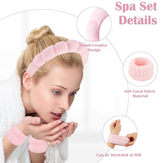 CUBACO Spa Headband and Wristband Set for Women with Ice Jade Roller and Gua Sha, Skin Care Set Tools Puffy Makeup Headband Teen Girl Gifts Trendy Stuff Hair Accessories for Women