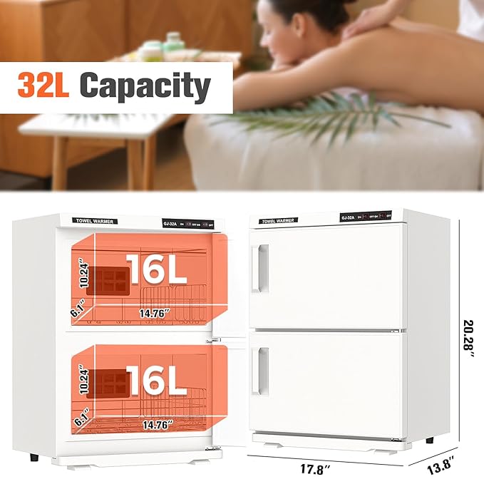 Kikihouse Hot Towel Warmer, 32L Large Capacity Hot Towel Cabinet, Facial Towel Warmers with Clip & Stainless Steel Rack & Water Drip Tray, Fits 80 Towels, for Spa, Salon, Esthetician