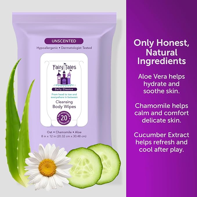 Fairy Tales Daily Cleanse XL Wipes for Kids – Extra Large Body Wipes, Gentle Disposable Washcloths, Unscented, Alcohol Free Cleansing Cloths – 5 pk (100ct total)