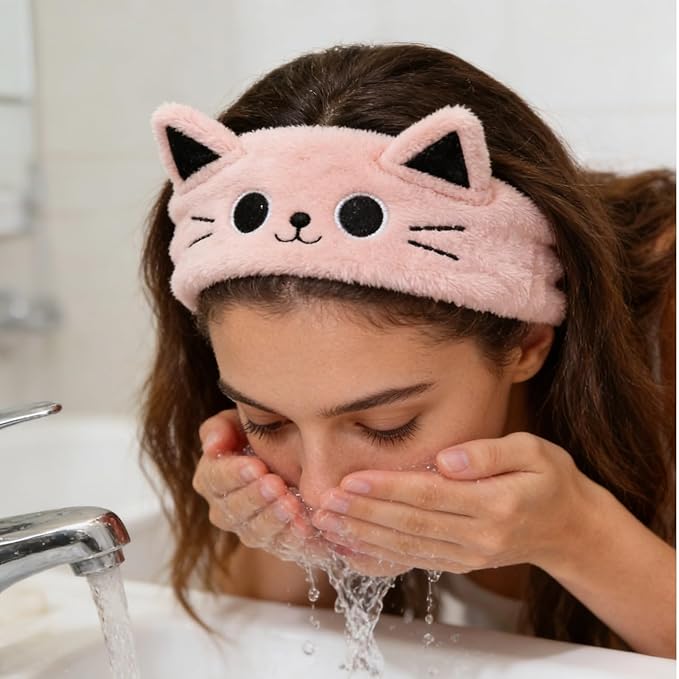 2 PCS Cute Cat Ear Spa Headband For Washing Face, Skincare Makeup Headbands For Women, Soft Coral Fleece Hair Accessories (Beige+ Pink)