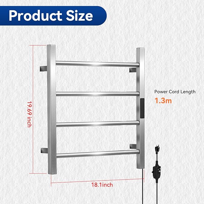 Heated Towel Racks for Bathroom, Hot Towel Warmer 4 Bars with 24hr Timer Stainless Steel Wall Mounted Electric Towel Warmers for Bathroom