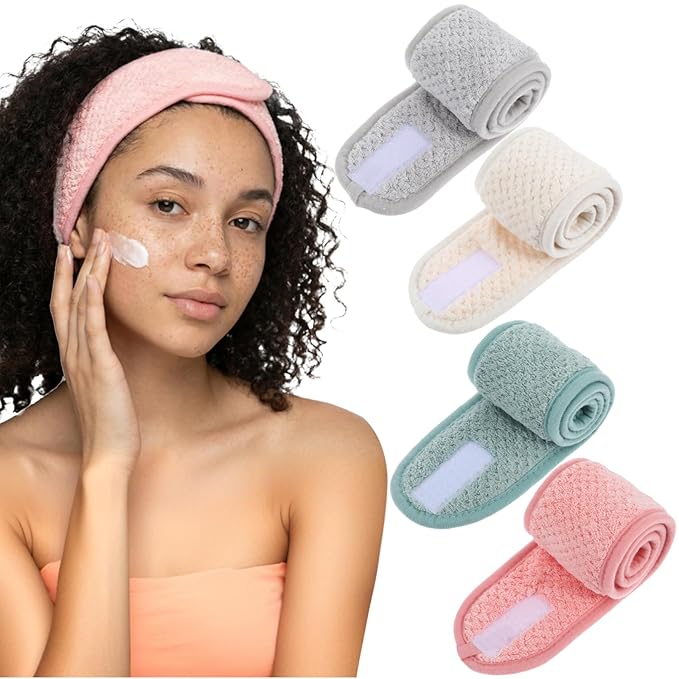 Yolev 4 Pcs Skincare Headbands Adjustable Spa Headbands for Women Cotton Skin Care Headband with Magic Tape 4 Colors Hair Band for Washing Face Makeup Women