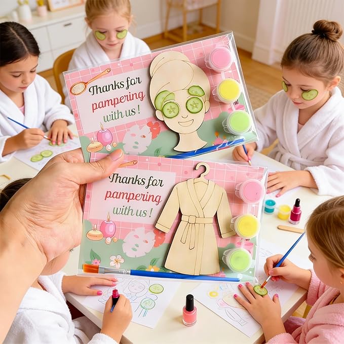 12 Pack Spa Party Favors for Kids - Individually Wrapped Paint Your Own Wooden Magnet Craft Kits with Thank You Card, Spa Birthday Decorations for Girls