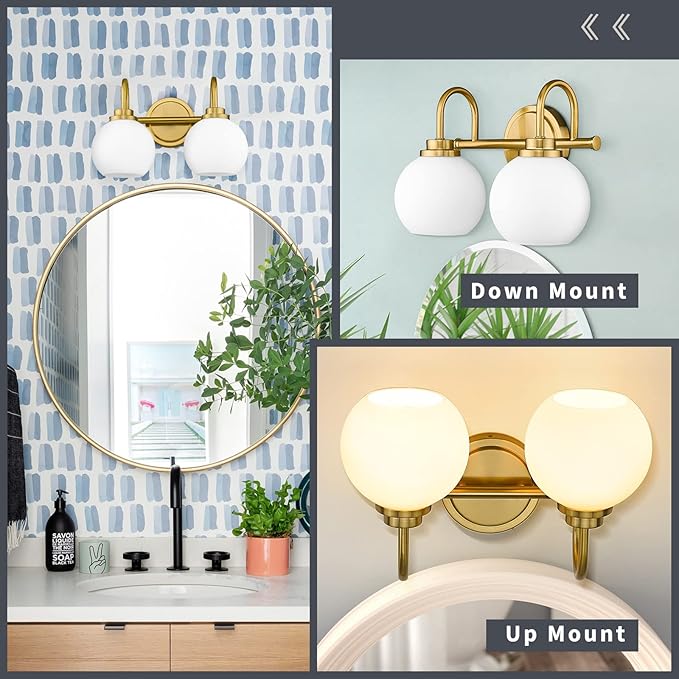 AKEZON Bathroom Light Fixtures 2-Light Brushed Gold Vanity Light, Modern Bathroom Wall Sconce with Milky White Frosted Glass Shade for Mirror Bedroom Hallway