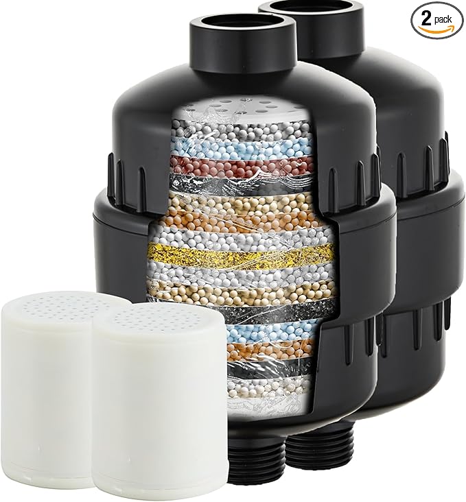 2 Pack Shower Head Filter for Hard Water, Multi-Stage Filtration Reduces Chlorine, Fluoride & Heavy Metals, Universal High Pressure Shower Filter for Skin & Hair, Matte Black
