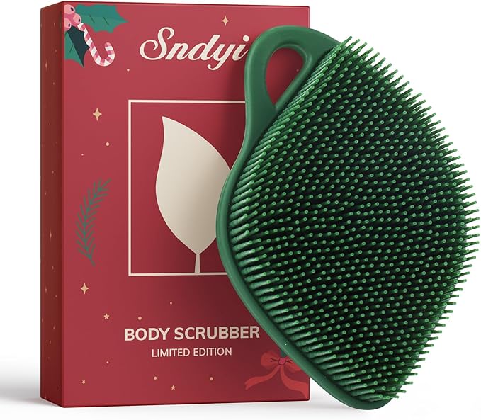 Sndyi Silicone Body Scrubber, Gentle Exfoliating Body Scrubber for Sensitive Skin, Leaf Shaped Shower Scrubber for Body with Lathering Bristles, Silicone Loofah Body Brush for Showering, Evergreen