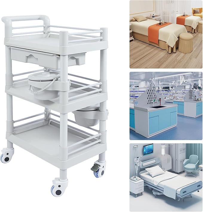 Salon Storage Cart, 3 Tier Rolling Beauty Organizer with 2 Garbage Baskets & 1 Drawer, 80kg/176.37lbs Capacity, Movable Storage Trolley for Beauty Salon SPA (Grayish-White)